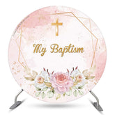 Lofaris Glitter Floral Cross My Baptism Round Backdrop Cover
